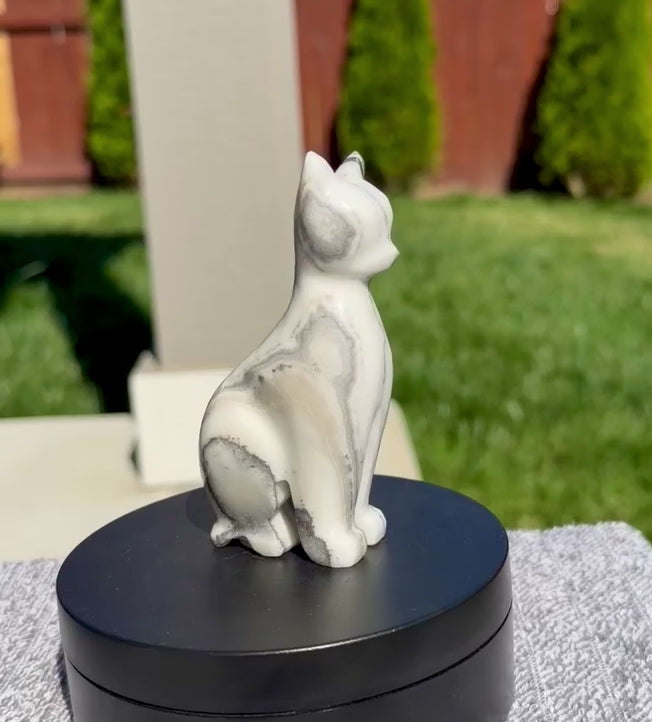 Zebra Calcite Sitting Cat Carving from Mexico - UV Reactive Stone Figurine