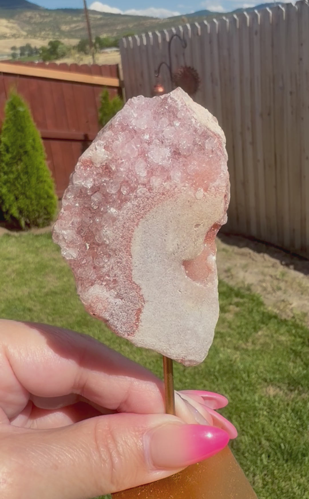 Pink Amethyst Druzy Slice on Gold Metal Stand - Natural Crystal Display