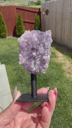 Amethyst Crystal Cluster on Metal Stand - Natural Purple Quartz Specimen