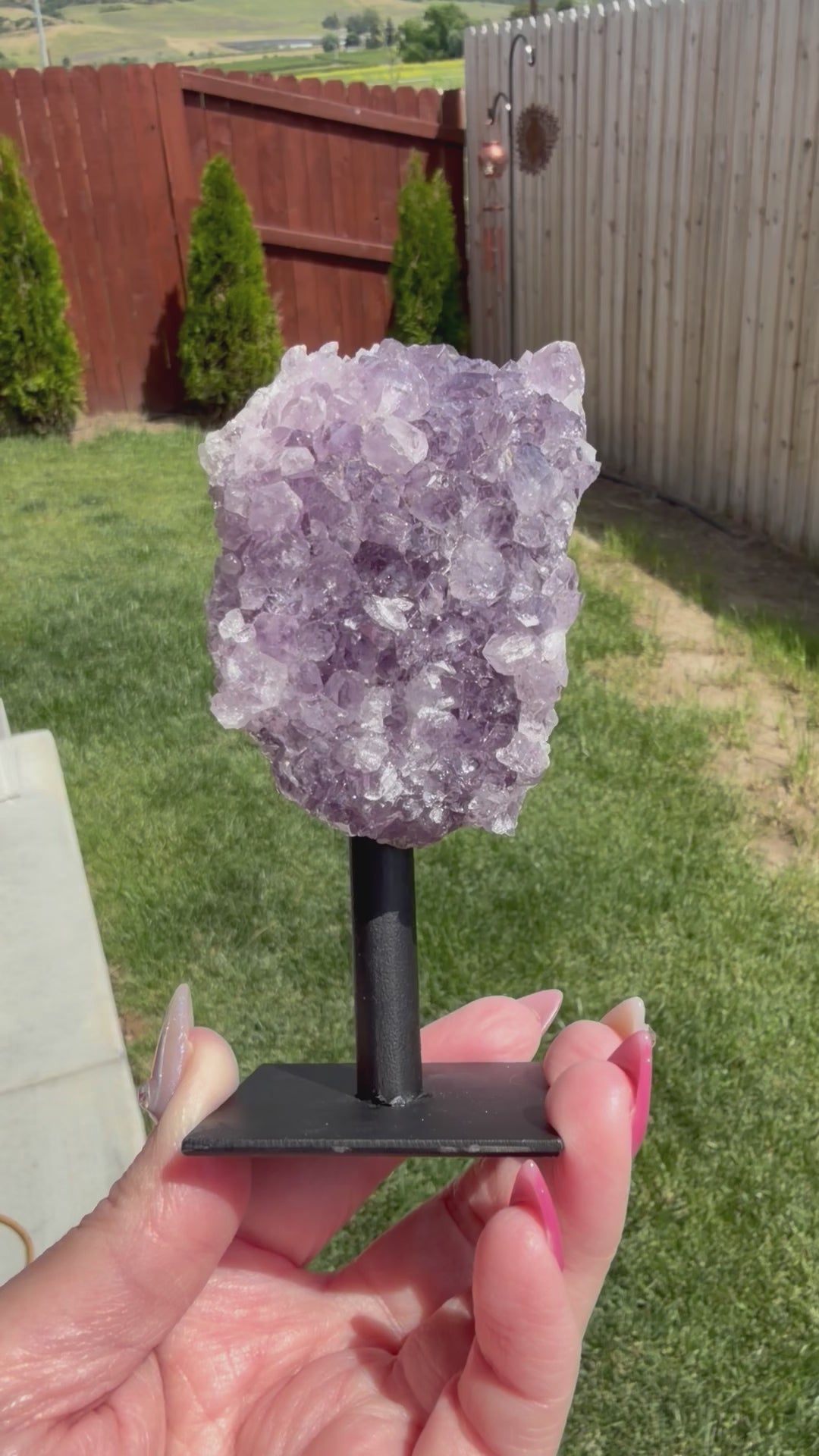 Amethyst Crystal Cluster on Metal Stand - Natural Purple Quartz Specimen