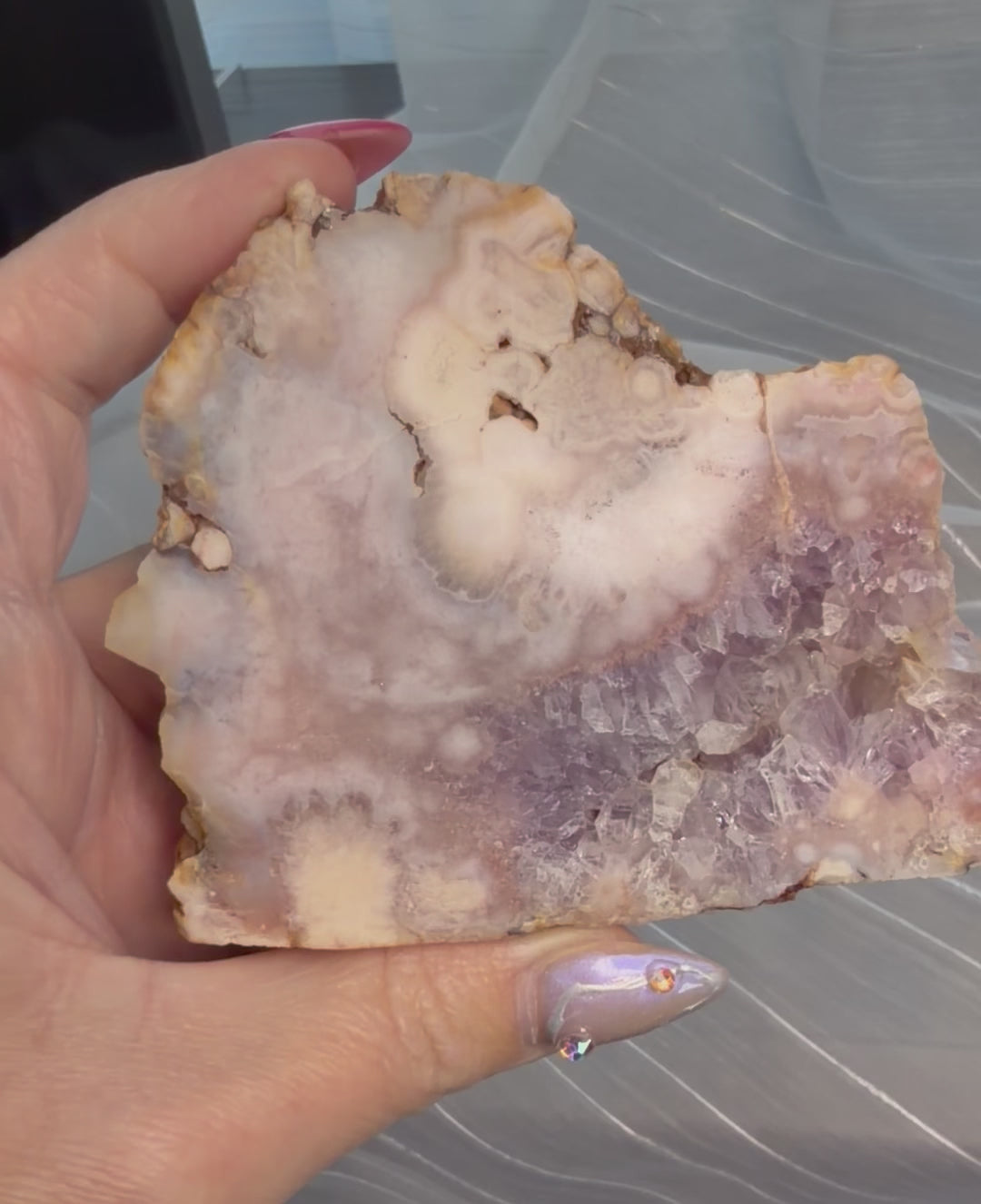 Pink Amethyst Flower Agate Slab with Stand - Natural Crystal Display