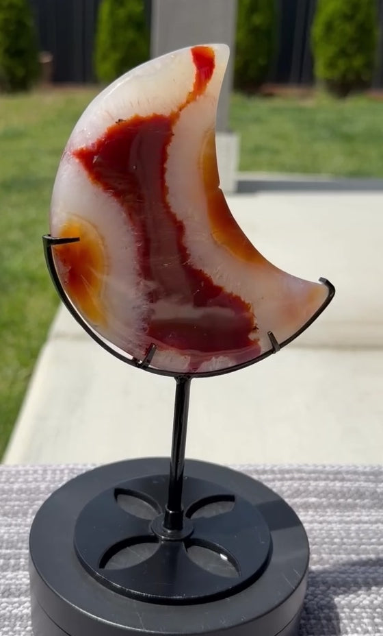 Beautiful Carnelian Agate Crescent Moon on Stand - Orange Red Natural Stone Decor