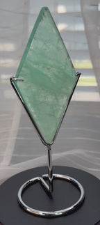 Green Fluorite Diamond Carving on Silver Metal Stand - UV Reactive Decor