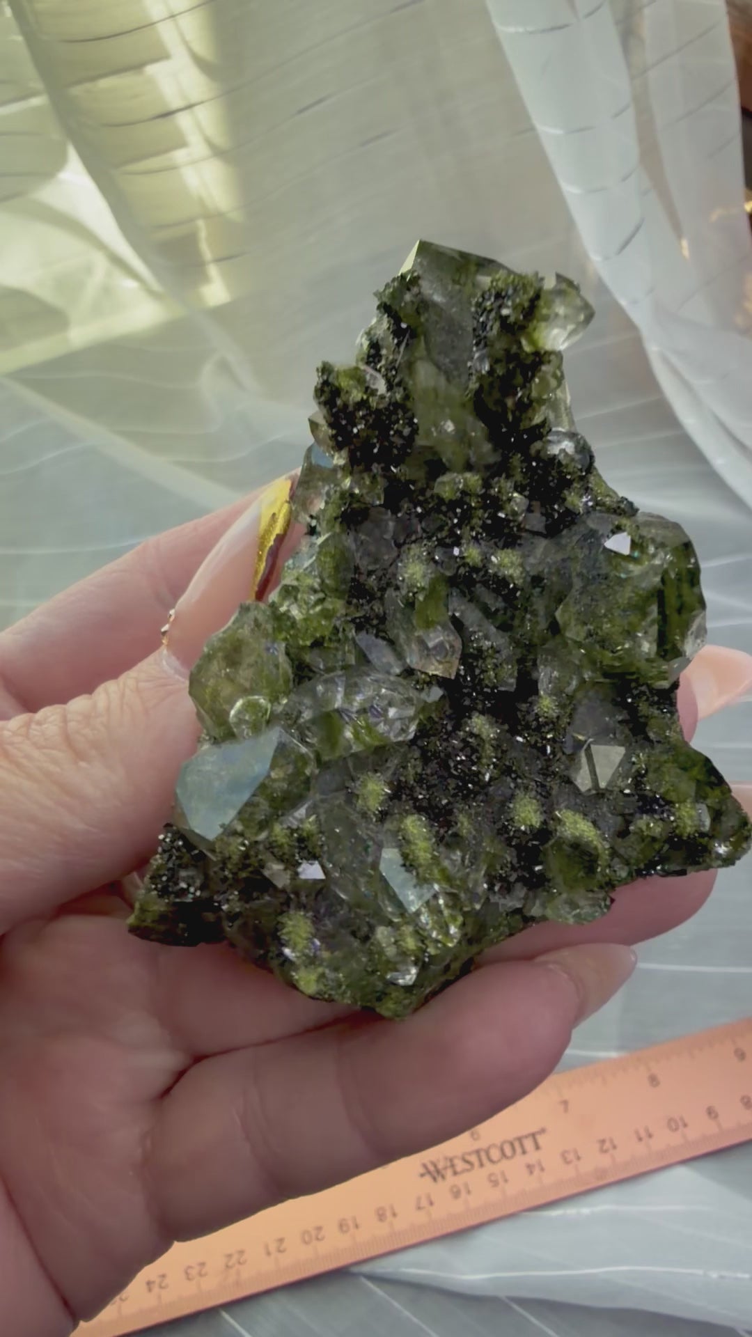 Natural Epidote on Quartz Crystal Cluster - Green Mineral Specimen 2.5"