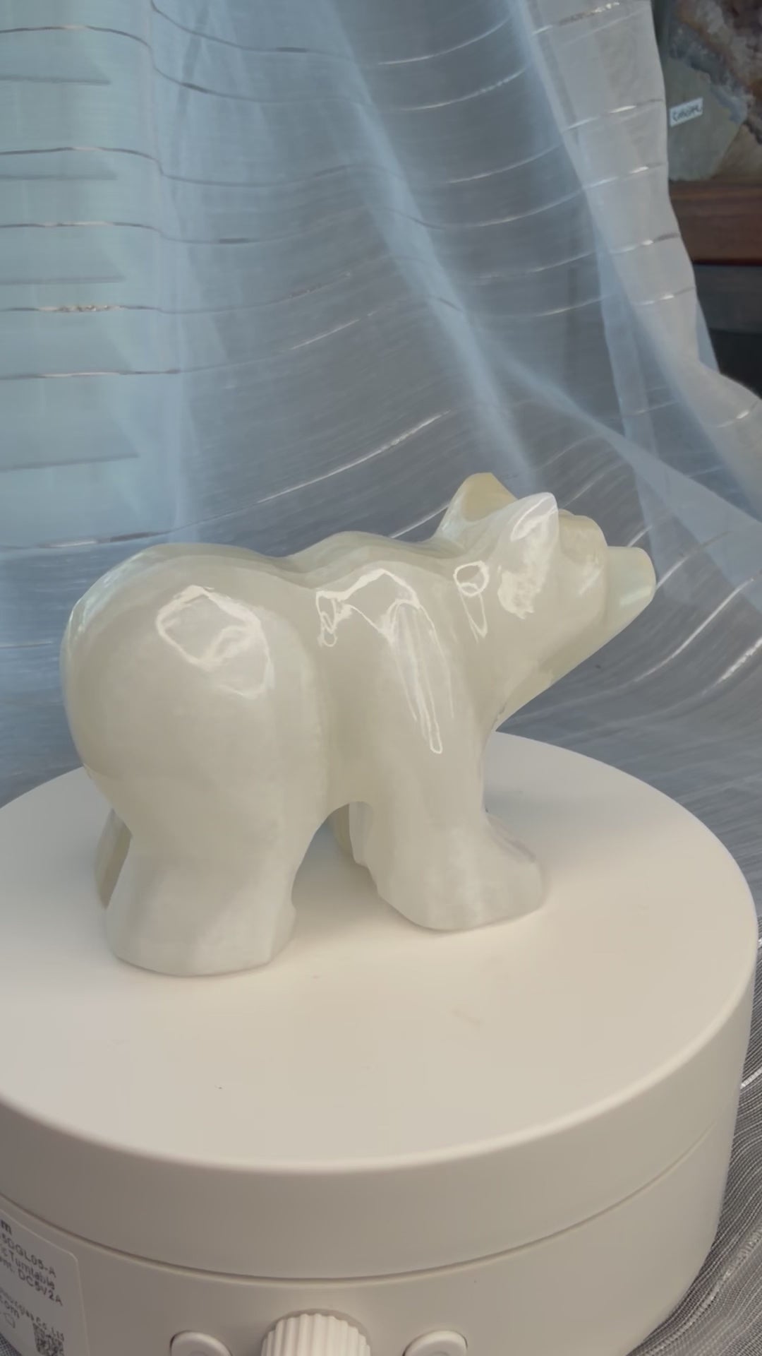 White Onyx Bear Carving - UV Reactive Banded Calcite Grizzly Figurine